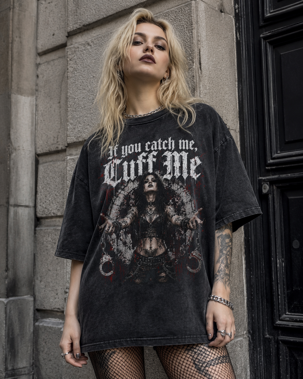 Cuffed Gothic Graphic Tee — "If You Catch Me, Cuff Me" Acid-Wash Oversize Shirt