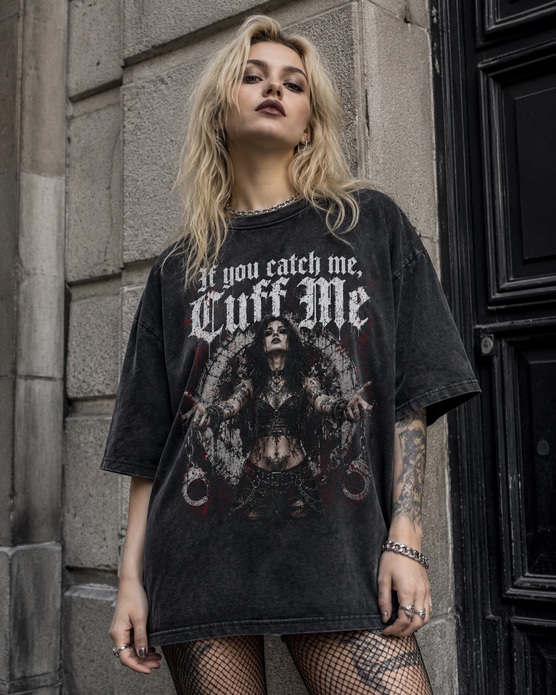 Cuffed Gothic Graphic Tee — "If You Catch Me, Cuff Me" Acid-Wash Oversize Shirt