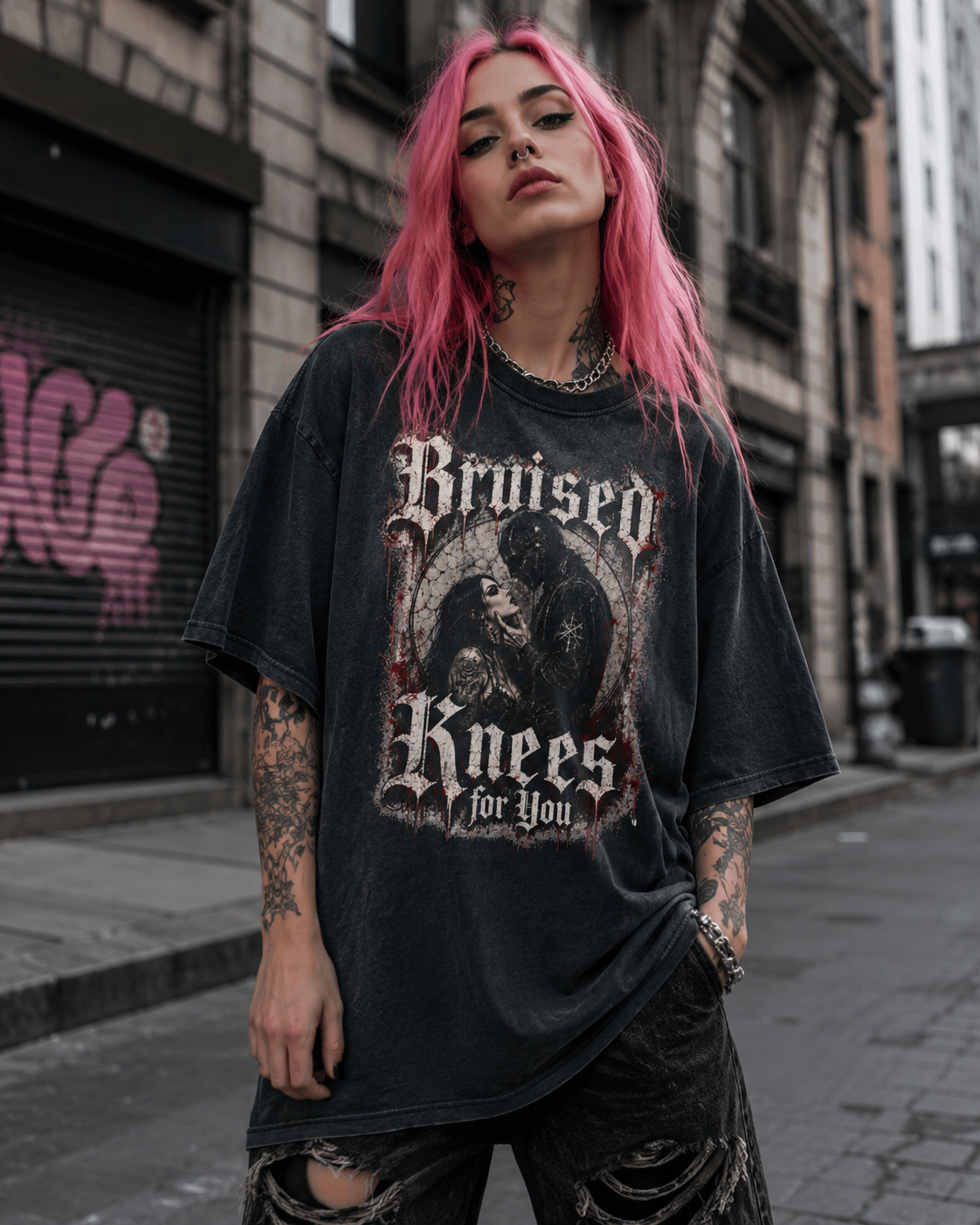 Bruised Knees Graphic Tee — Vintage Gothic Acid-Wash Shirt