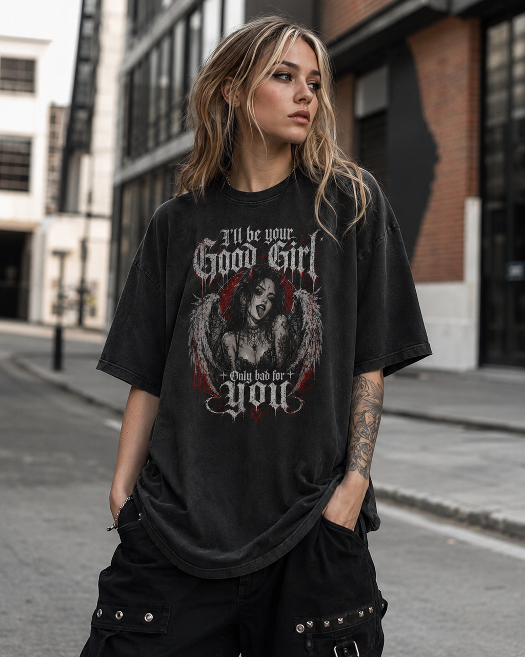 Men's Acid-Wash Graphic Tee — "I'll Be Your Good Girl" Gothic Angel Shirt
