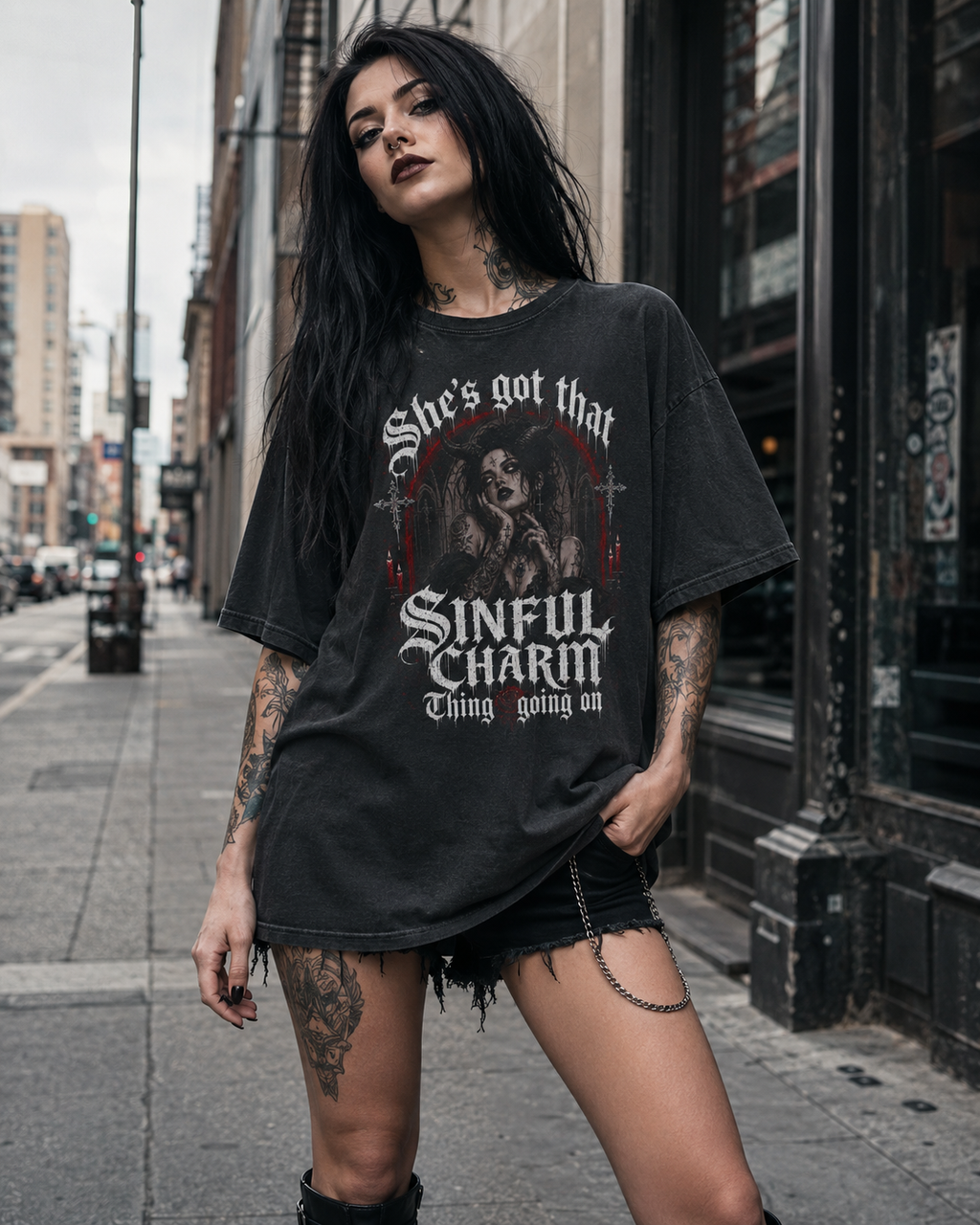 Sinful Charm Graphic Tee — Gothic Vintage Acid Wash Shirt