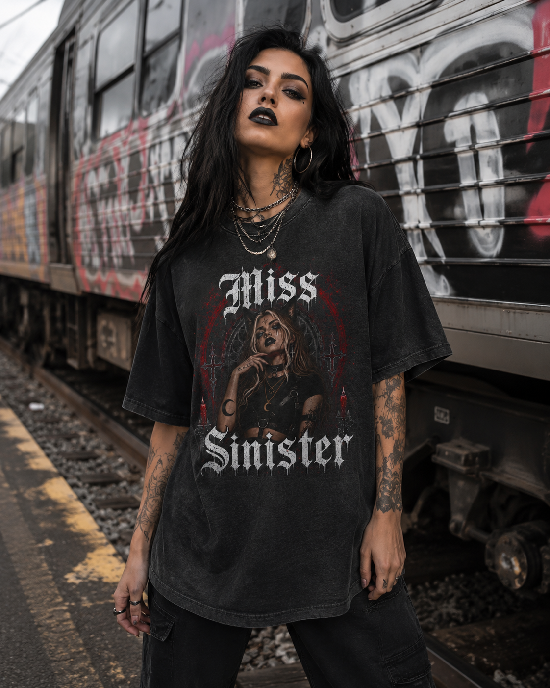 Miss Sinister Graphic Tee — Gothic Vintage Acid-Wash Shirt