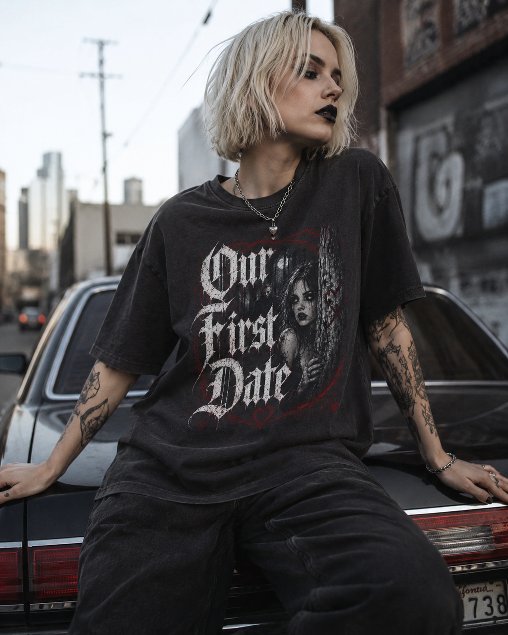Gothic "Our First Date" Acid-Wash Tee
