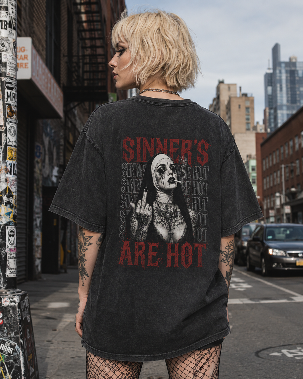 Sinner's Are Hot Graphic Tee — Gothic Acid-Wash Oversized T-Shirt