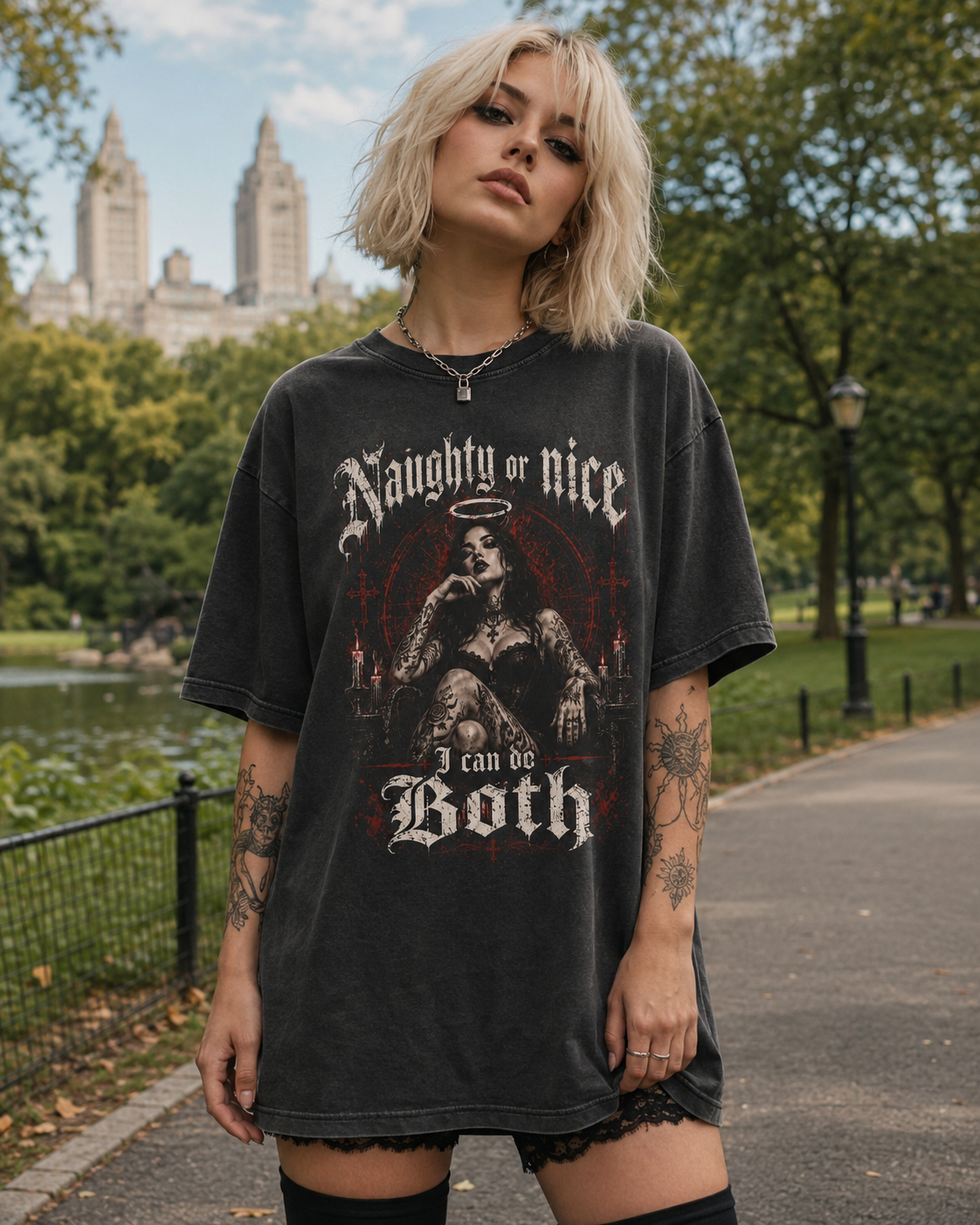 Graphic Tee — "Naughty or Nice I Can Do Both" Vintage Gothic Acid-Wash Shirt