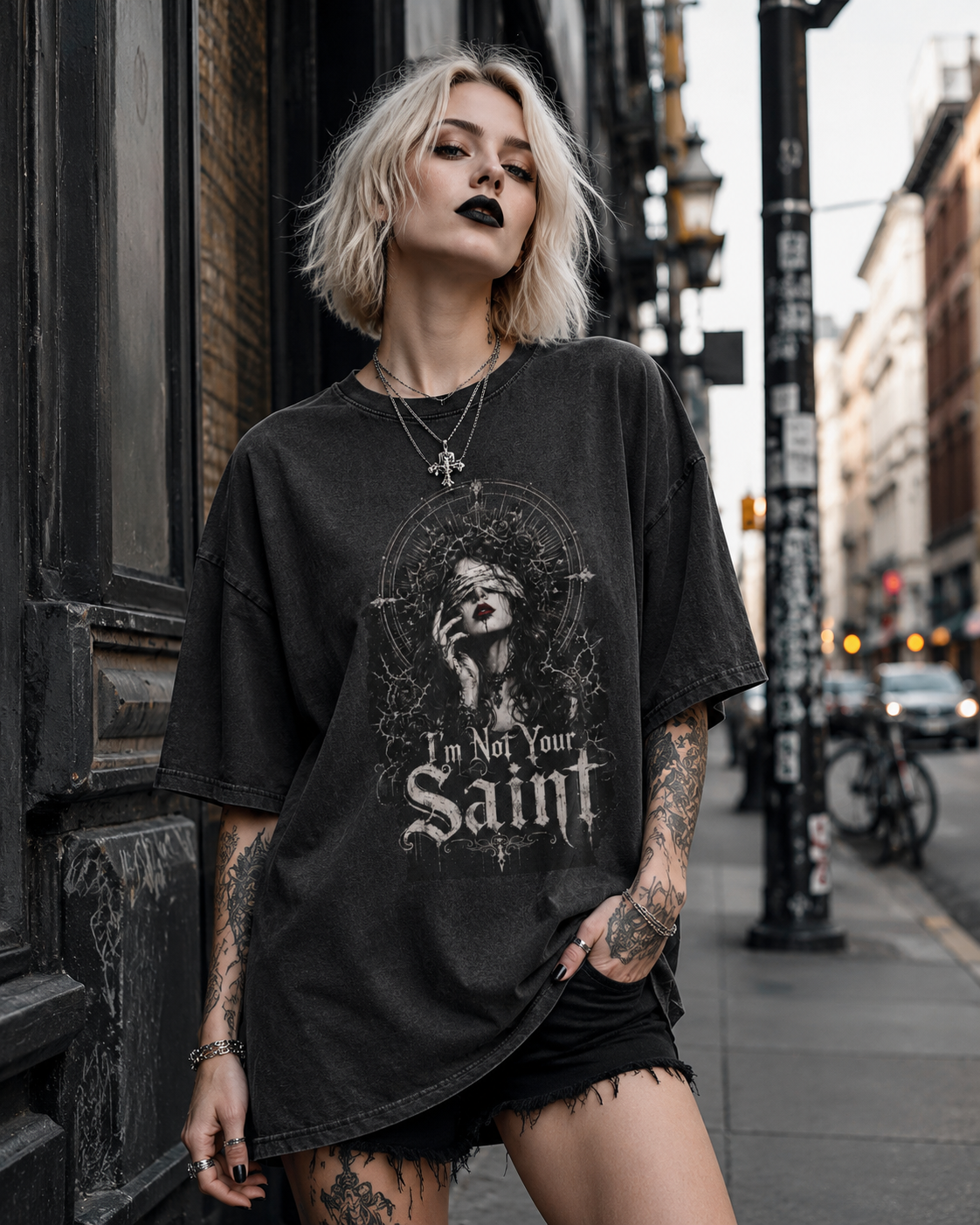 I'm Not Your Saint Graphic Tee — Gothic Vintage Acid-Wash T-Shirt