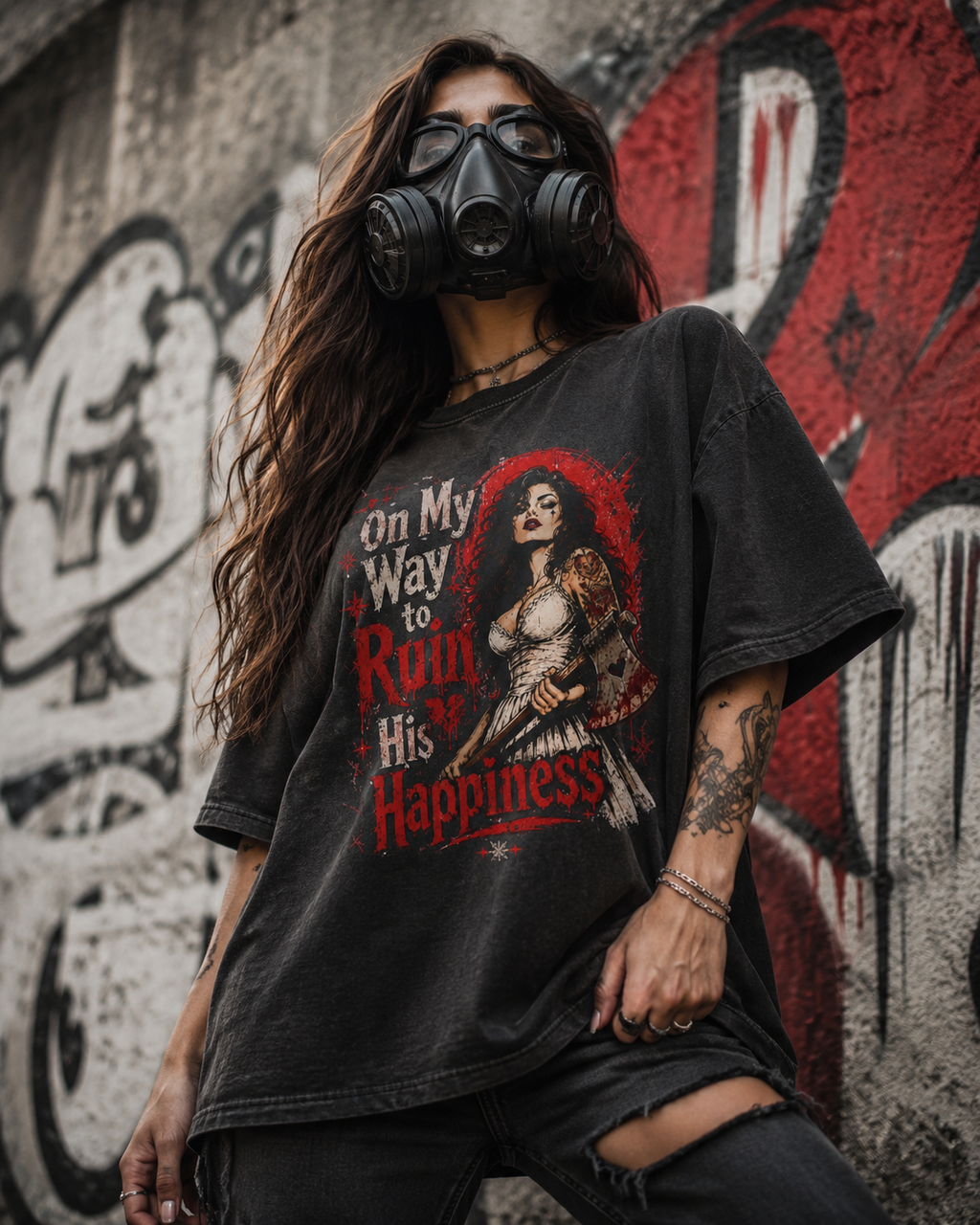 Graphic Tee — "On My Way to Ruin His Happiness" Vintage Gothic Skull Woman
