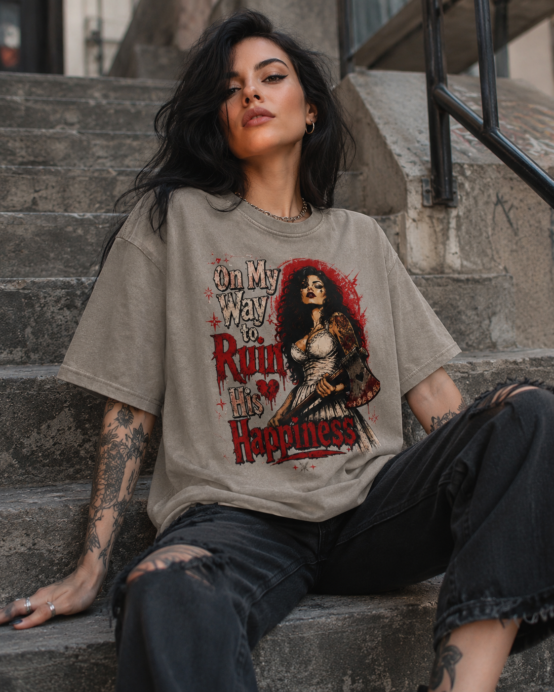 Acid Wash Tee — "On My Way to Ruin Your Happiness" Gothic Graphic Shirt