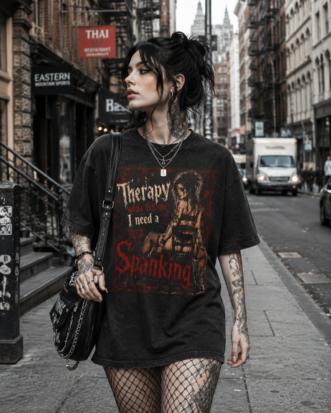 Graphic Tee — “Therapy? I Need a Spanking” Acid-Wash Oversized Shirt