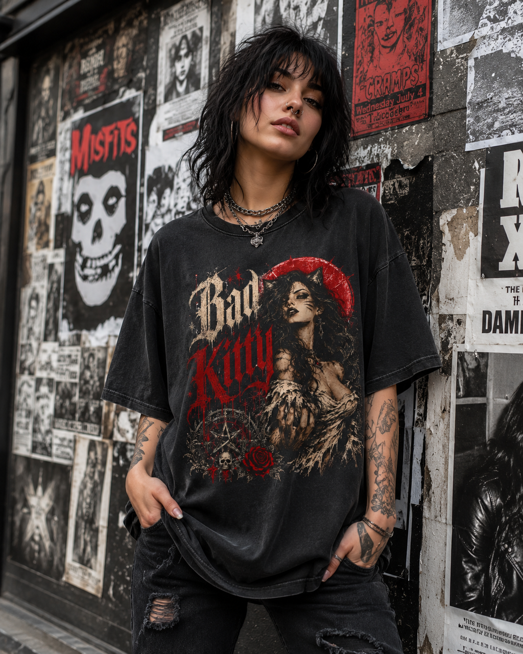 Acid Washed  Oversize Tee "Bad Kitty"
