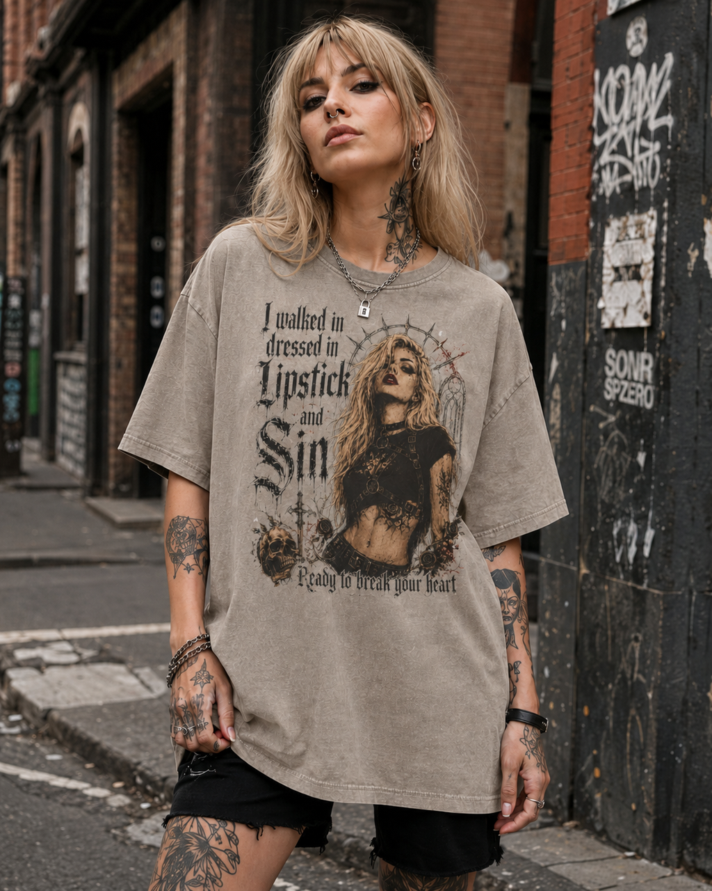 Acid Wash Oversized Shirt— "Lipstick and Sin"