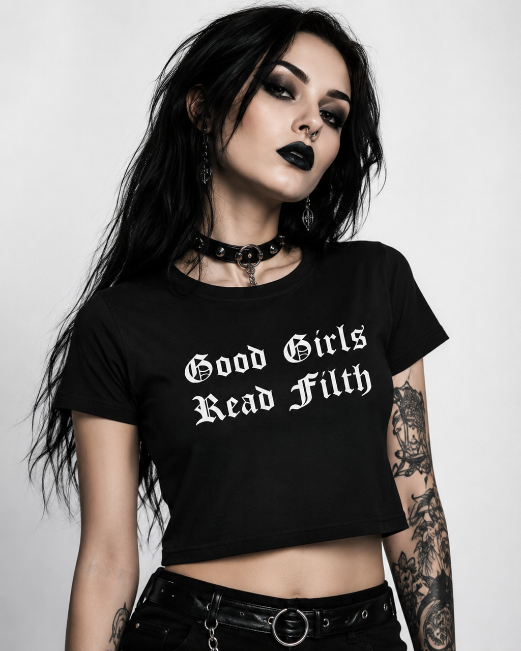 Good Girls Read Filth Crop Tee — Women's Gothic Booklover Graphic Top