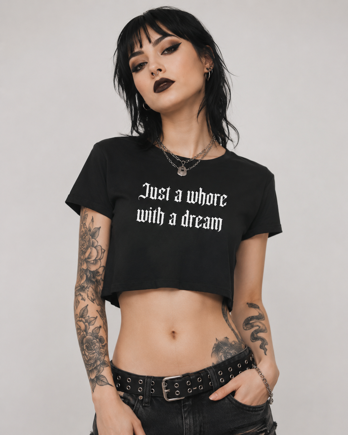 Women's Baby Tee — "Just a Whore with a Dream" Gothic Crop T-Shirt