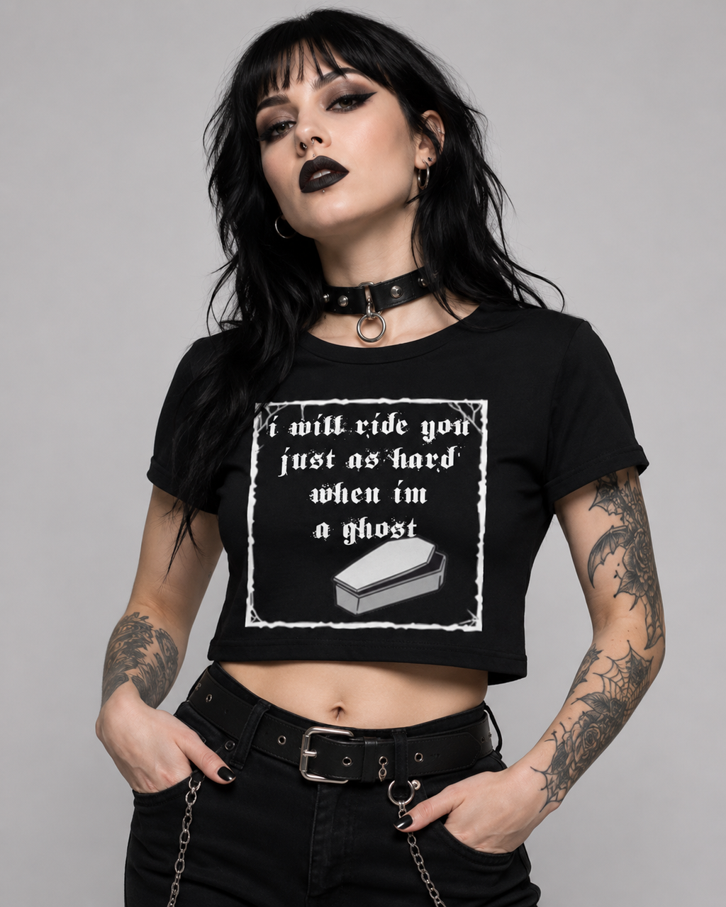 Ghost Coffin Crop Tee — “I will ride you just as hard when I'm a ghost” Graphic Women's Baby Tee