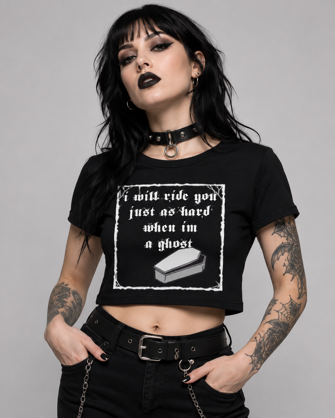 Ghost Coffin Crop Tee — “I will ride you just as hard when I'm a ghost” Graphic Women's Baby Tee