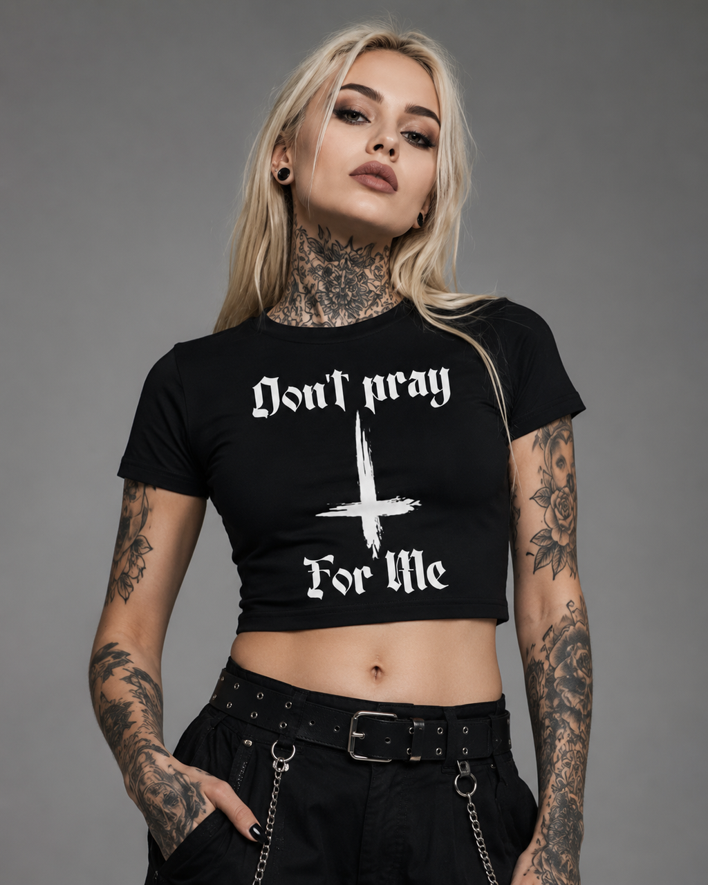 Don’t Pray For Me Crop Tee — Edgy Gothic Women’s Baby Tee with Inverted Cross