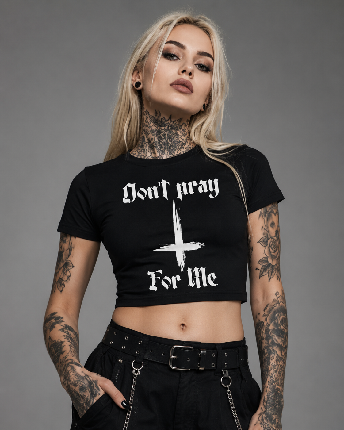 Don’t Pray For Me Crop Tee — Edgy Gothic Women’s Baby Tee with Inverted Cross