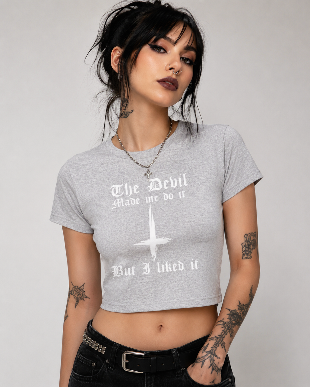 Devil Made Me Do It Crop Tee — Women's Gothic Graphic Baby T-Shirt