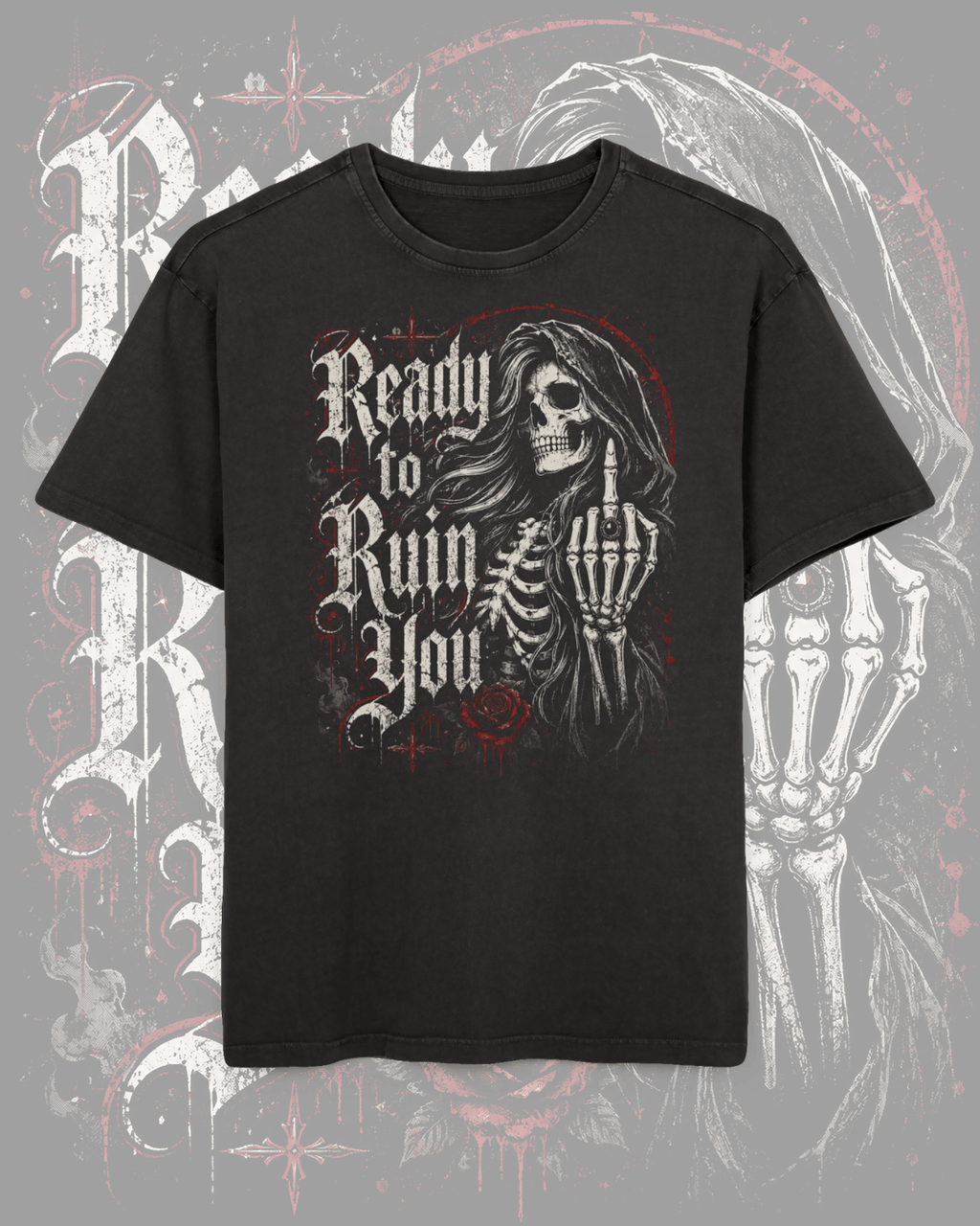 Ready to Ruin You Tee — Men's Acid Wash Skeleton Graphic T‑Shirt