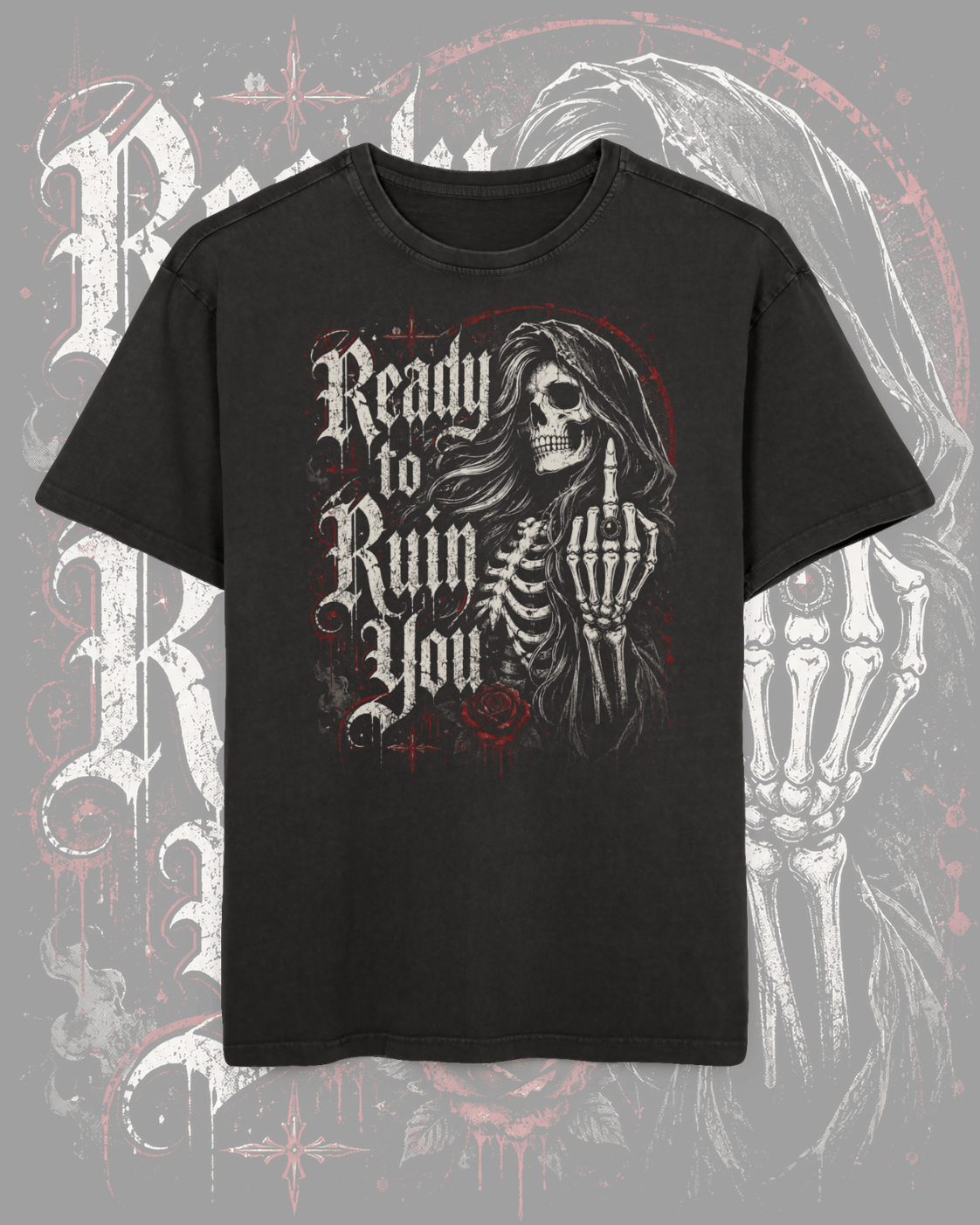 Ready to Ruin You Tee — Men's Acid Wash Skeleton Graphic T‑Shirt
