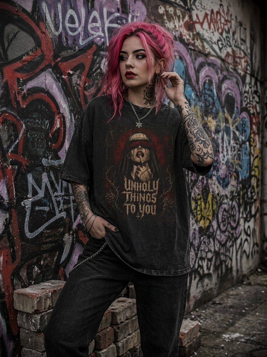 Acid Wash Gothic Horror T‑Shirt "Unholy Things To You"